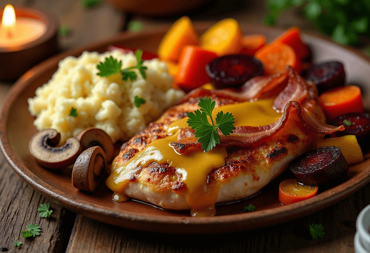 Alice Springs Chicken with melted cheese, bacon, mushrooms, and honey mustard sauce, served with vegetables and mashed potatoes.