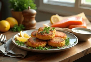 Golden crispy salmon cakes served with lemon wedges and tartar sauce on a wooden table with fresh ingredients in the background.