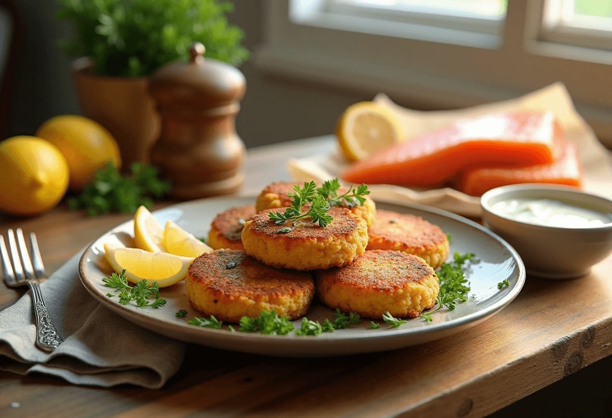Golden crispy salmon cakes served with lemon wedges and tartar sauce on a wooden table with fresh ingredients in the background.