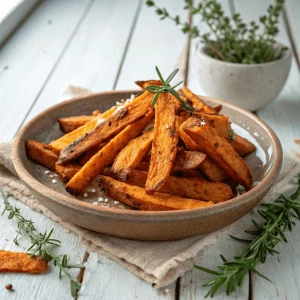 A plate of crispy, golden-brown sweet potato fries
