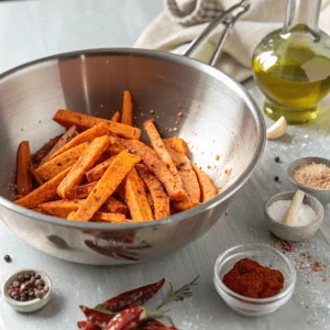 Sweet potato fries in a bowl with oil and seasonings