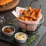 Crispy sweet potato fries served with dipping sauce
