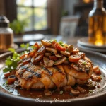 Completed Alice Springs Chicken served with roasted potatoes and green beans on a dinner plate