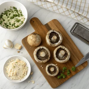 Mushrooms with stems removed beside a cream cheese mixture