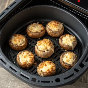 Stuffed mushrooms cooking in an air fryer basket