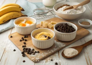 Banana bread ingredients in separate bowls on a bright kitchen counter.