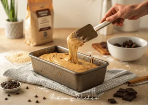 Banana bread batter being poured into a loaf pan, showing the cooking process.