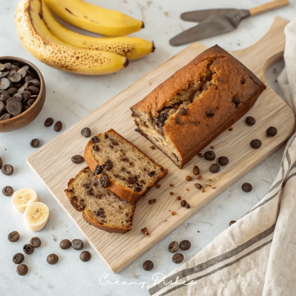 Top-down view of a partially sliced chocolate chip banana bread loaf on a wooden cutting board.