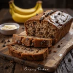 Freshly baked chocolate chip banana bread loaf sliced on a rustic wooden table.