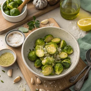 Halved Brussels sprouts with seasoning in a bowl