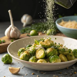 Tossing Brussels sprouts with Parmesan cheese