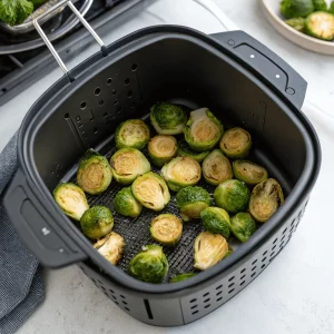 Brussels sprouts cooking inside air fryer basket