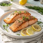 Juicy air fryer salmon fillets garnished with lemon slices