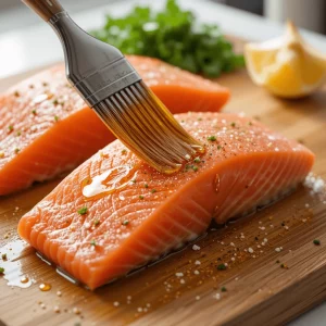 Raw salmon fillets brushed with olive oil and seasonings