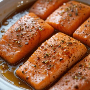 Salmon fillets marinating in a dish