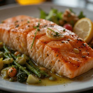 Cooked salmon served on a plate with a side salad