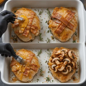 Step-by-step layering of Alice Springs Chicken showing honey mustard, bacon, and mushrooms being added