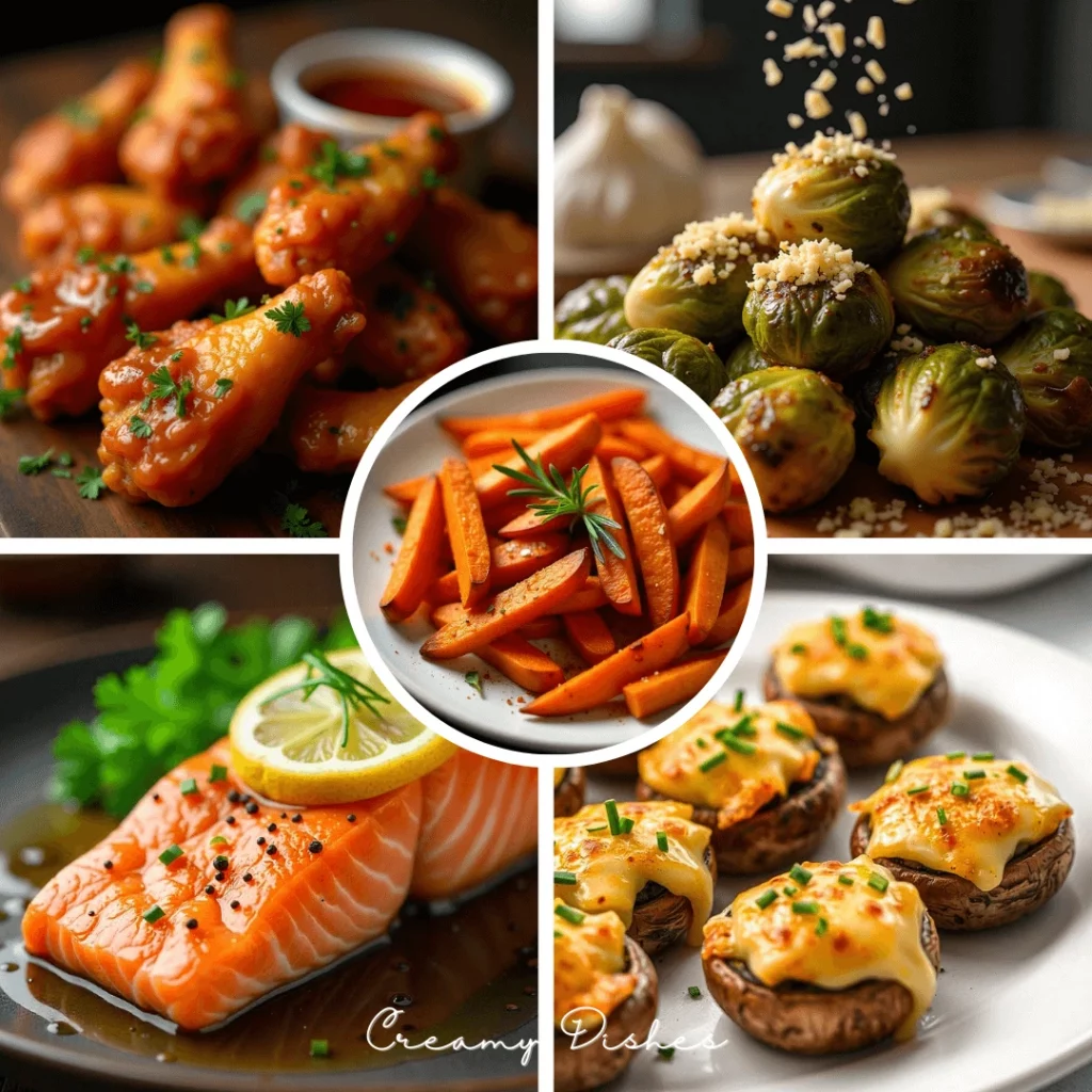 Five delicious Air Fryer Recipes featuring crispy chicken wings, garlic Parmesan Brussels sprouts, juicy salmon, sweet potato fries, and cheesy stuffed mushrooms.