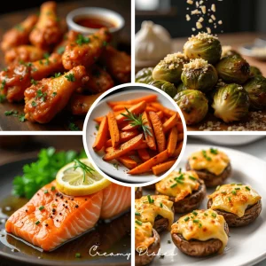 Five delicious Air Fryer Recipes featuring crispy chicken wings, garlic Parmesan Brussels sprouts, juicy salmon, sweet potato fries, and cheesy stuffed mushrooms.