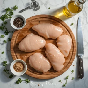 Raw chicken breasts being seasoned with spices and olive oil on a cutting board