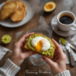 Claire holding avocado toast with poached egg, coffee, and extra toast on the table.