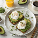 Avocado toast with poached egg, coffee, and orange juice on a marble countertop.