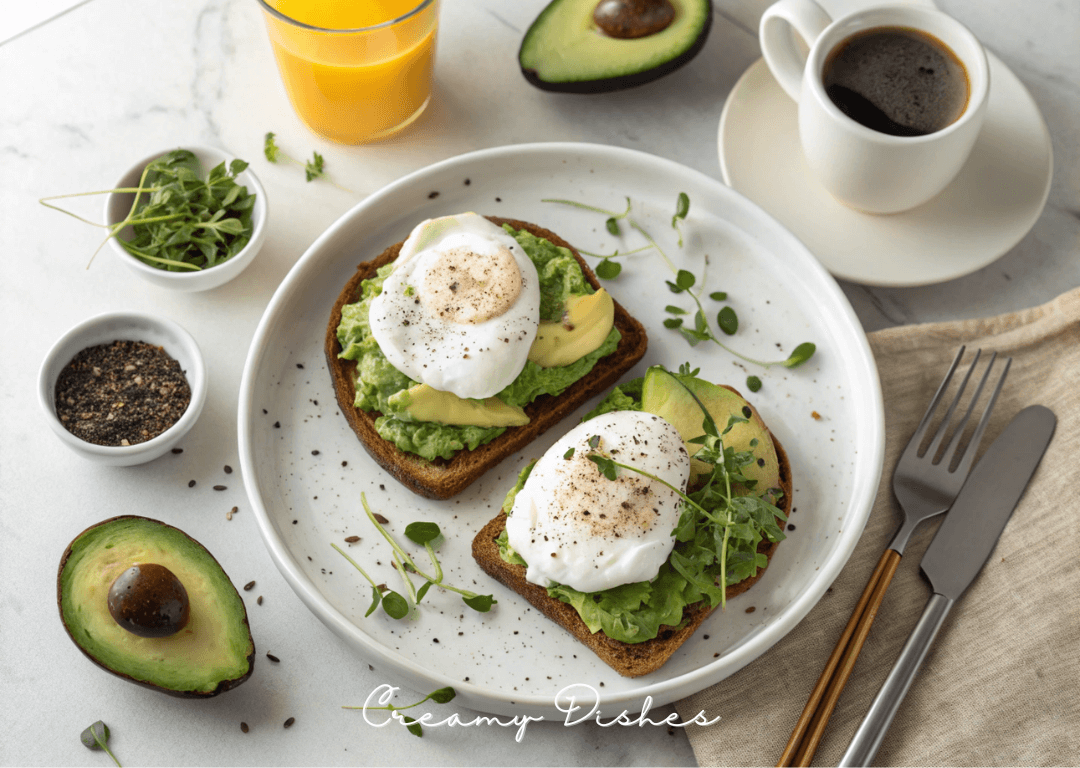 Avocado toast with poached egg, coffee, and orange juice on a marble countertop.