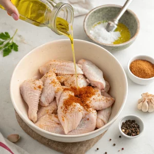 Raw chicken wings drizzled with oil and spices