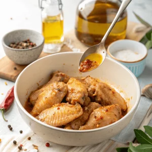 Mixing seasoned chicken wings in a bowl