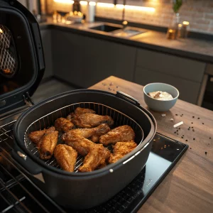 Chicken wings in an air fryer basket