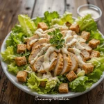 Chicken Caesar Salad with grilled chicken, fresh romaine lettuce, croutons, parmesan, and Caesar dressing on a wooden table.