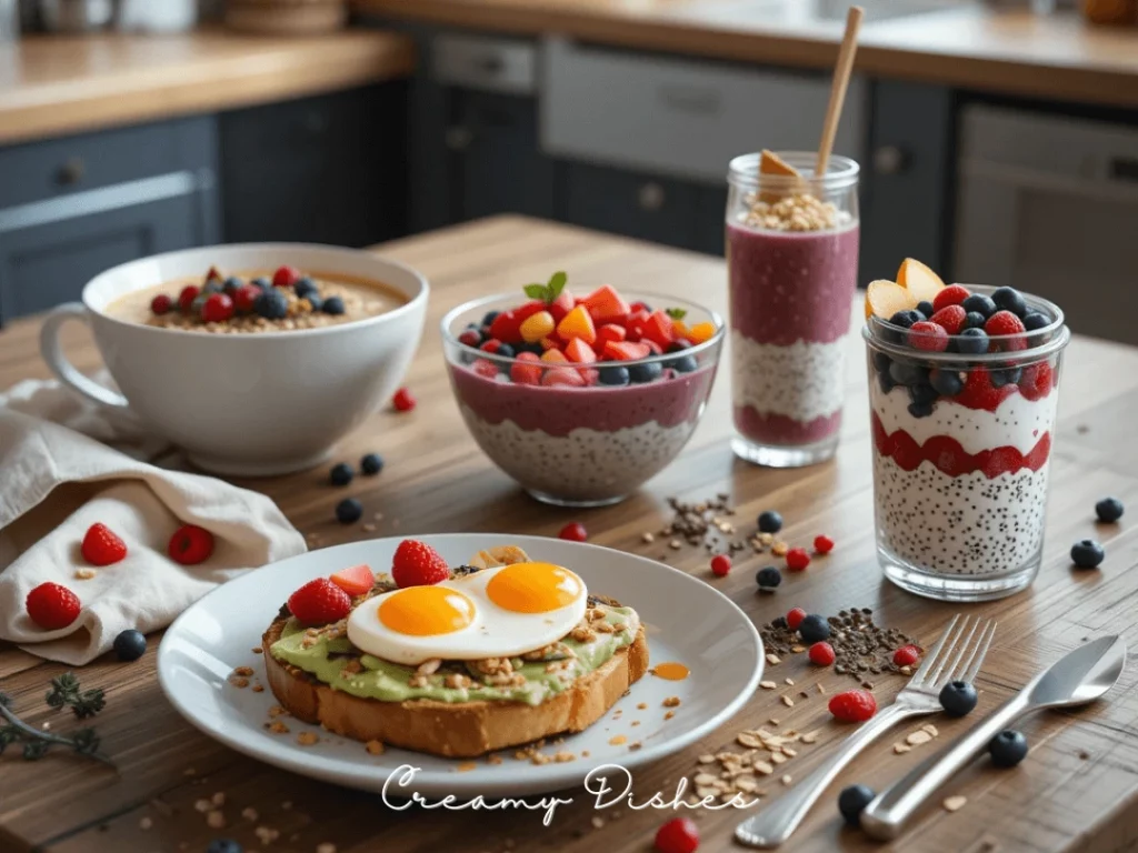 A beautifully arranged five breakfast healthy ideas: an oatmeal bowl with fresh berries and honey, avocado toast with poached eggs, a vibrant smoothie bowl with granola and fruit, a chia pudding parfait layered with fresh berries, and a Greek yogurt parfait with granola and honey. The scene is set on a rustic wooden table with natural lighting, fresh ingredients, and a cozy kitchen ambiance.