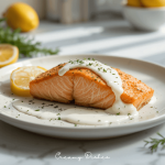 Close-up of a perfectly cooked air fryer salmon fillet on a white plate with lemon slices and yogurt sauce