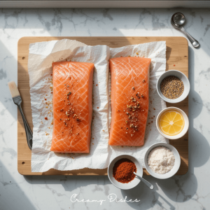 Overhead view of raw salmon fillets on a cutting board with bowls of seasonings, lemon slices, and utensils.