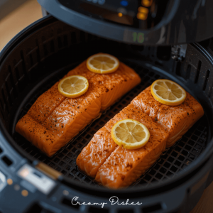 Salmon fillets inside an air fryer basket with lemon slices on top, partially pulled out for a close-up view