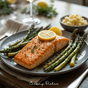 A plate of air fryer salmon with roasted asparagus and creamy mashed cauliflower on a neatly set dinner table