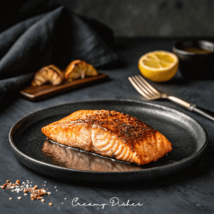 Low-angle, dramatic photo of an air fryer salmon fillet on a matte black dish under a single overhead spotlight, with its crispy skin glistening.