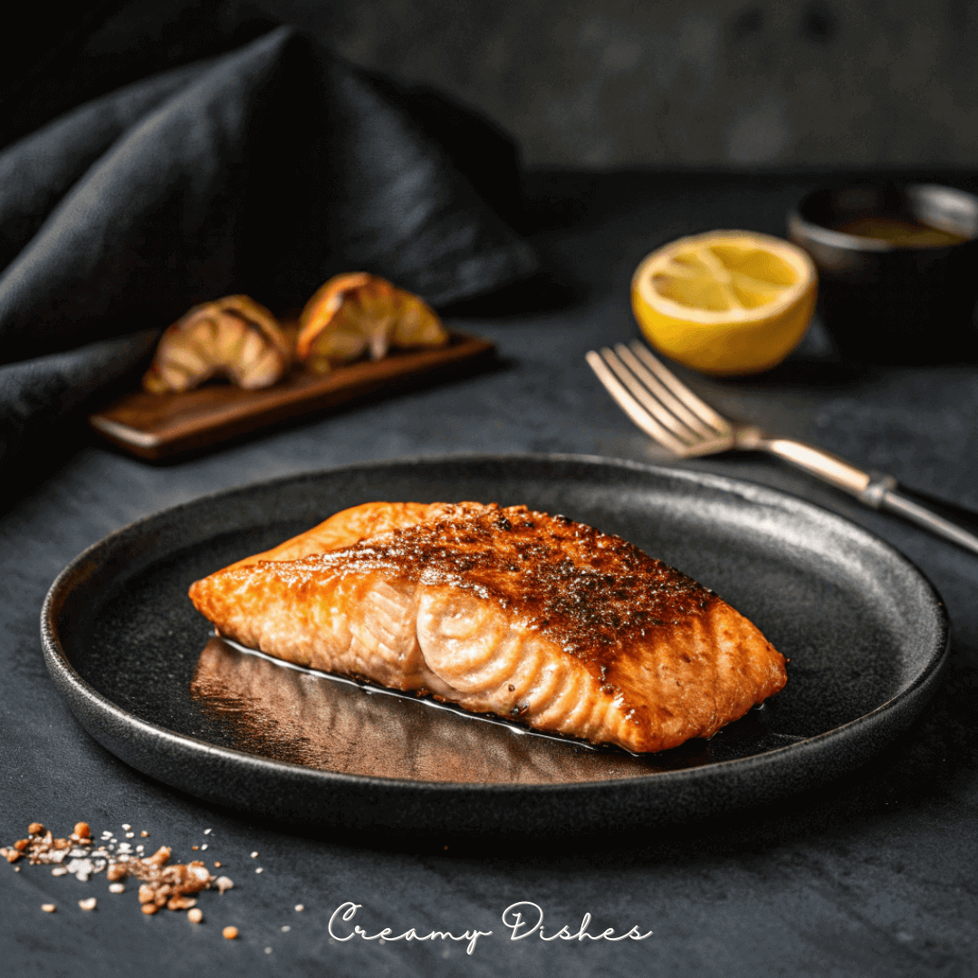 Low-angle, dramatic photo of an air fryer salmon fillet on a matte black dish under a single overhead spotlight, with its crispy skin glistening.