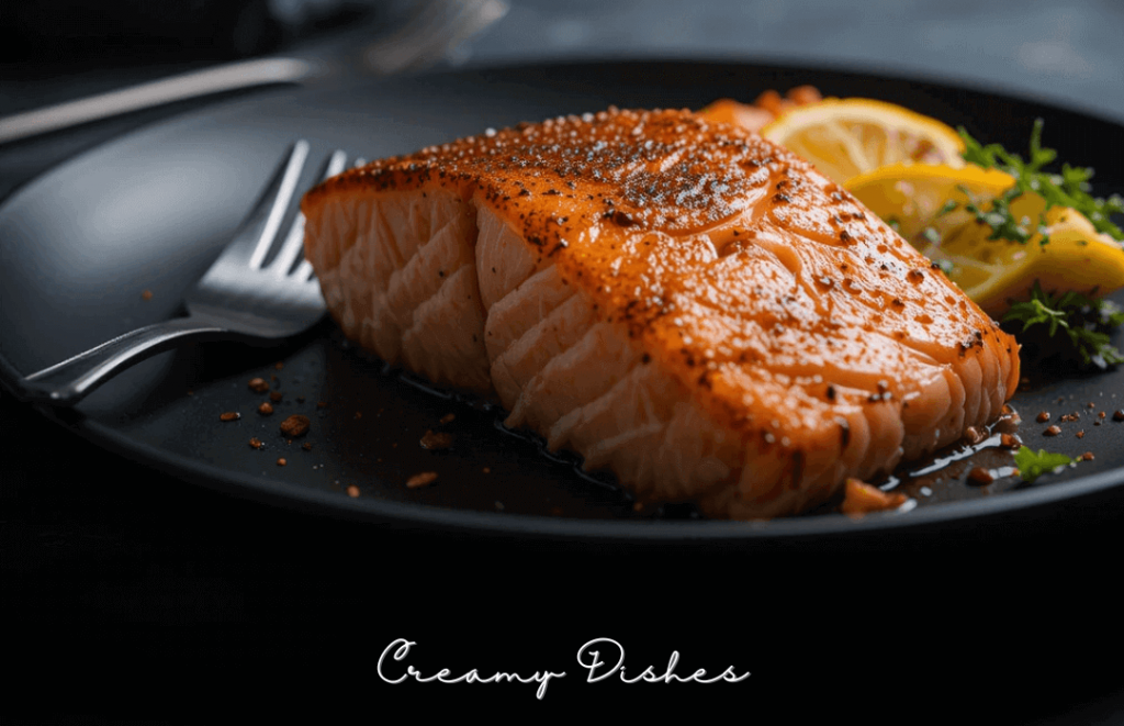 Colorful 45-degree view of a seasoned salmon fillet on a bright white plate, surrounded by lemon wedges, cherry tomatoes, and mixed greens in a sunlit kitchen.