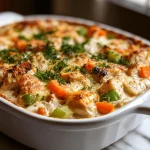 Close-up of creamy chicken casserole with golden cheese and vibrant vegetables in a white dish on a white marble table.
