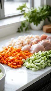 Fresh diced vegetables including carrots, celery, onions, and bell peppers neatly arranged on a white marble cutting board to prepare a chicken casserole.