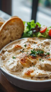 Plated serving of creamy chicken casserole with fresh parsley, shredded cheese, salad, and crusty bread on a white marble plate.