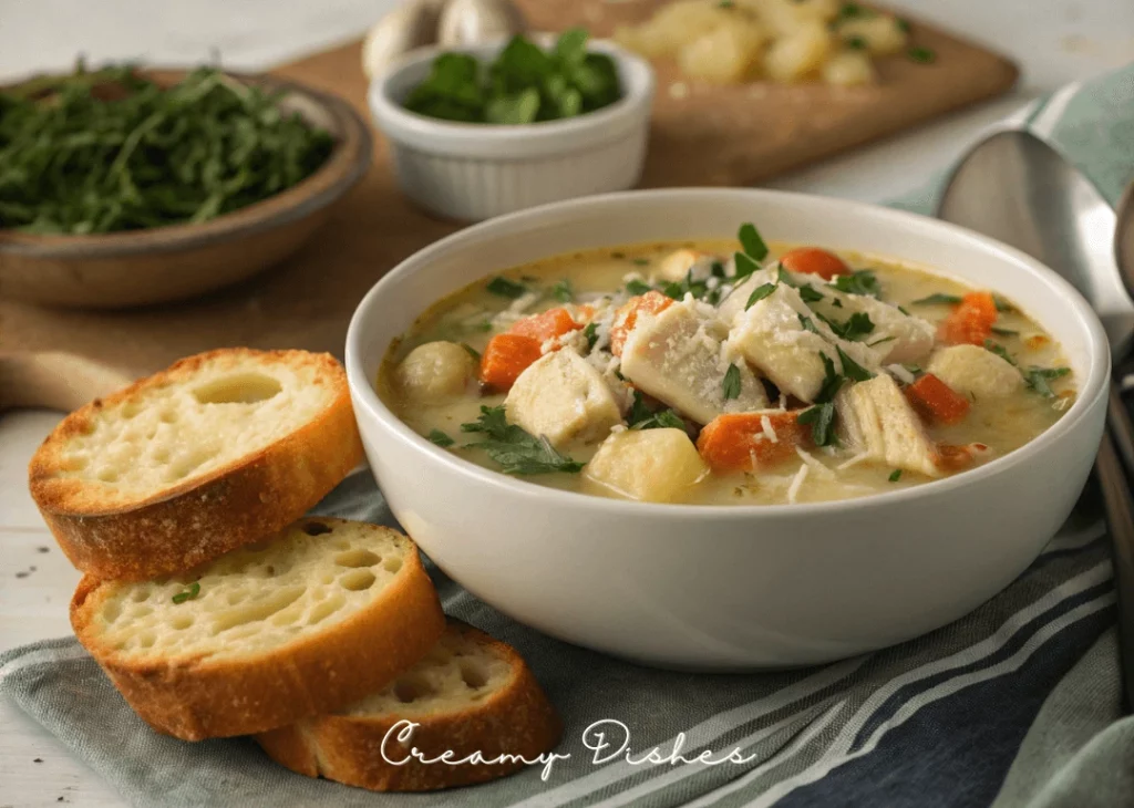 Chicken gnocchi soup served with garlic bread for the perfect winter meal.