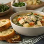 Chicken gnocchi soup served with garlic bread for the perfect winter meal.