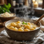 Steaming bowl of creamy chicken gnocchi soup with grated Parmesan and fresh herbs.