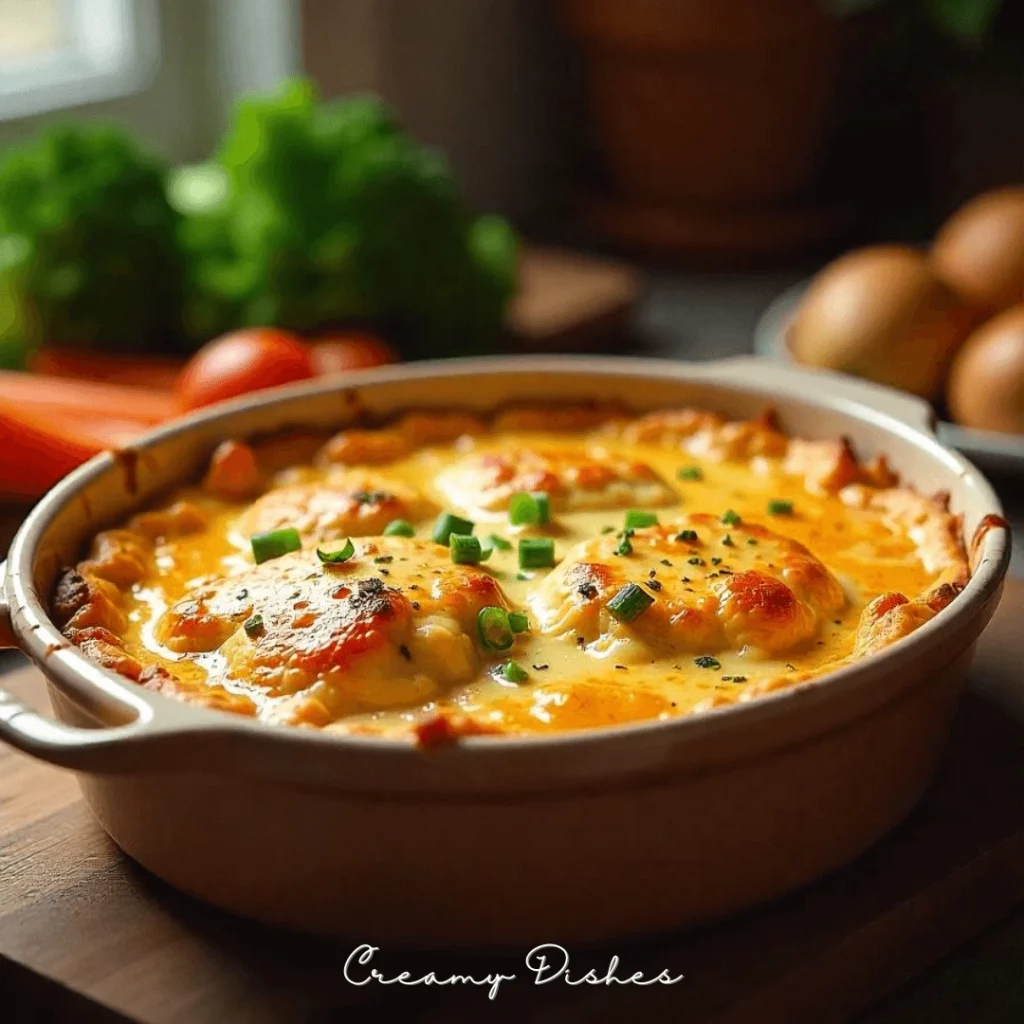 A golden, bubbly chicken casserole in a rustic dish garnished with fresh herbs and vibrant vegetables.