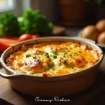 A golden, bubbly chicken casserole in a rustic dish garnished with fresh herbs and vibrant vegetables.