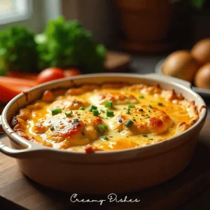 A golden, bubbly chicken casserole in a rustic dish garnished with fresh herbs and vibrant vegetables.