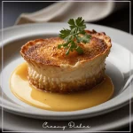 Crab Brûlée in a white dish, captured with a Canon 500D to show the rich textures of the creamy custard and golden sugar crust, lit with natural light.