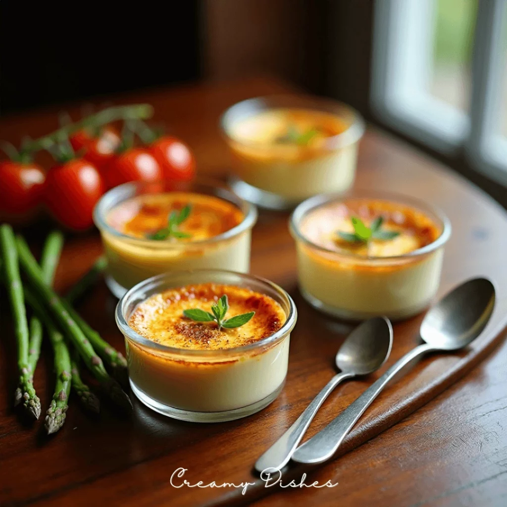 Gourmet Crab Brulee in ramekins with a golden caramelized sugar crust, garnished with chives and lemon zest on a rustic wooden table.